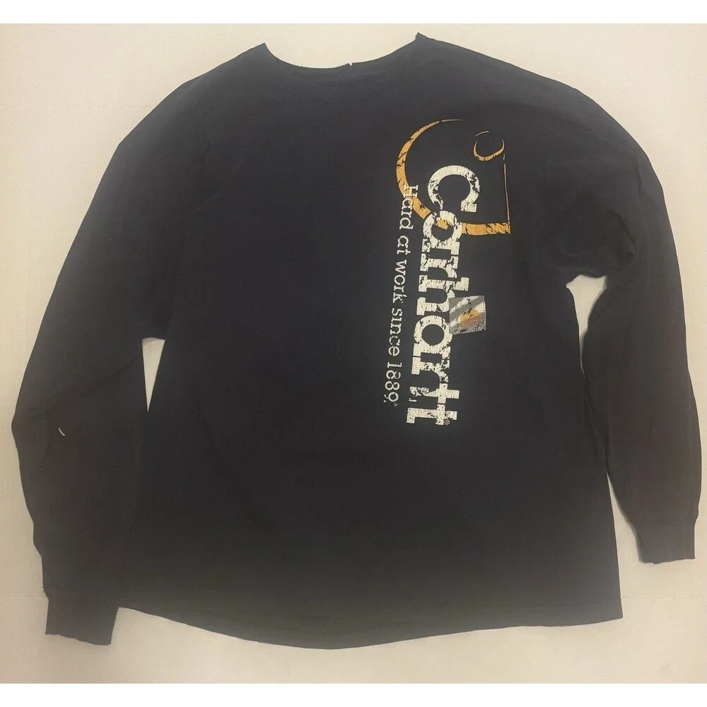 Distressed Carhartt Mens Black Hard at Work Graphic Logo Crew Neck L/S T-Shirt L